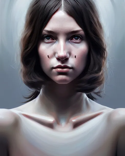 Image similar to hyper - realistic portrait of a female hunter, symmetrical face and body, symmetrical composition, dynamic wavy hair, detailed designs, digital painting, 4 k, by ilya kuvshinov, by greg rutkowski, atmospheric lighting