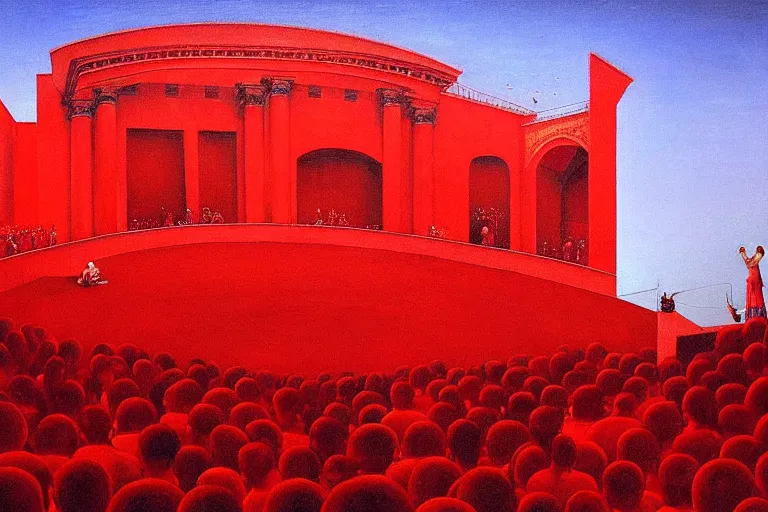 Image similar to only with red, a red great emperor, taormina amphitheatre, expressive crowd with big smile, in the style of beksinski, parts by edward hopper, parts by rodcenko, parts by yue minjun, intricate and epic composition, red by caravaggio, insanely quality, highly detailed, masterpiece, red light, artstation, 4 k