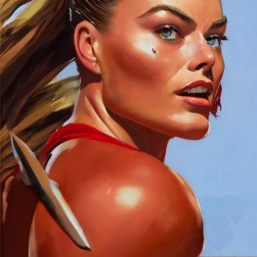 Prompt: greg manchess portrait of margot robbie as thick female bodybuilder lara croft wearing red armour in disco elysium, epic grimdark, fantasy, medium shot, asymmetrical, profile picture, organic painting, sunny day, matte painting, bold shapes, hard edges, street art, trending on artstation, by huang guangjian and gil elvgren and sachin teng