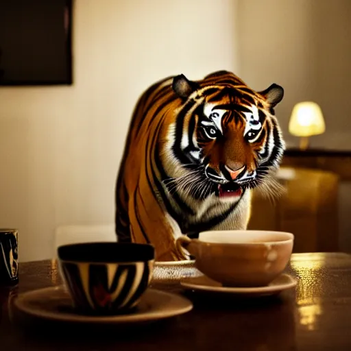 Prompt: a dramatic photograph of excited tiger enjoying tea , cinematic lighting