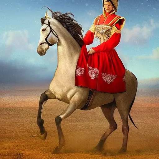 Prompt: The digital art shows the heroine riding on a magnificent red horse. She is clad in a traditional Russian folk costume, complete with a brightly-colored headscarf. Her face is pale and beautiful, with a look of resolve in her eyes. Behind her, the horse's hooves churn up the earth as they gallop across the countryside. In the distance, the dark forest looms, its trees reaching up into the sky. raypunk by Tim Walker sad