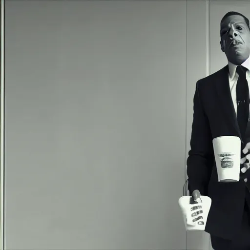 Image similar to cinematic shot of jay - z wearing a suit and standing in a fancy penthouse holding a jug of milk, 8 k, very detailed, very intricate,