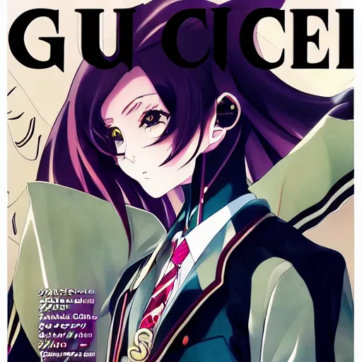 Image similar to Magazine Cover Anime key visual of a Gucci girl; official media; typography; drawn by Hirohiko Araki; Jojo's Bizarre Adventure; Jojolion, portrait, made by Stanley Artgerm Lau, WLOP, Rossdraws, James Jean, Andrei Riabovitchev, Marc Simonetti, Yoshitaka Amano, ArtStation