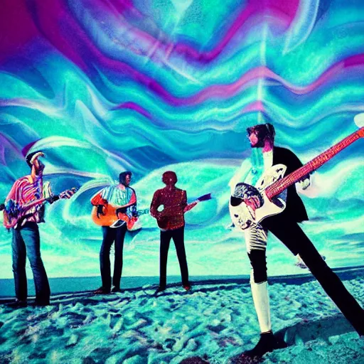 Prompt: an evil surf rock band from 1963 playing a gig on the beach under a psychedelic neon fractal sky