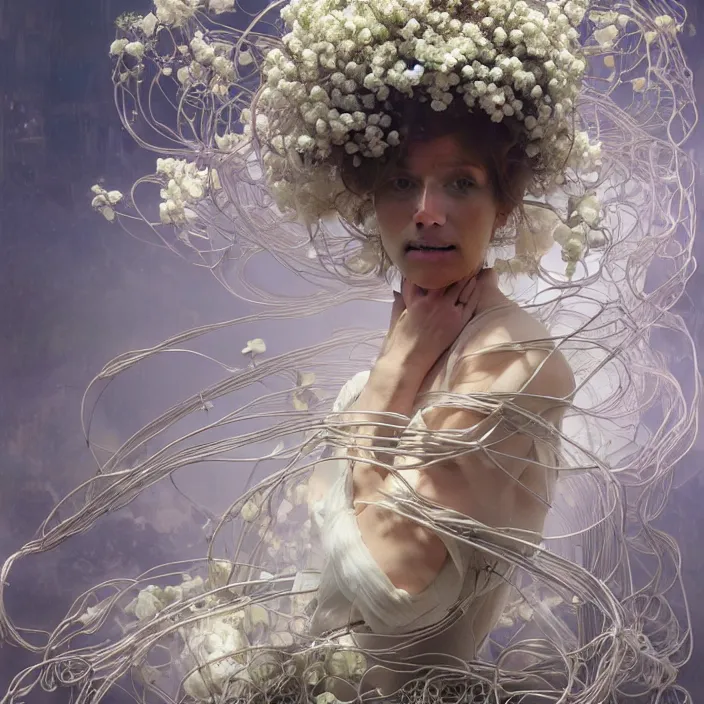 Image similar to hyperrealist portrait of a 2 0 4 4 space sport engineer, it is decorated with long white wires and white flowers that fall like vines and wears a huge computer crown. by jeremy mann and alphonse mucha, fantasy art, photo realistic, dynamic lighting, artstation, poster, volumetric lighting, dramatic light, very detailed faces, 8 k, award winning