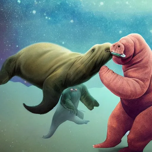 Image similar to tardigrade fighting a walrus