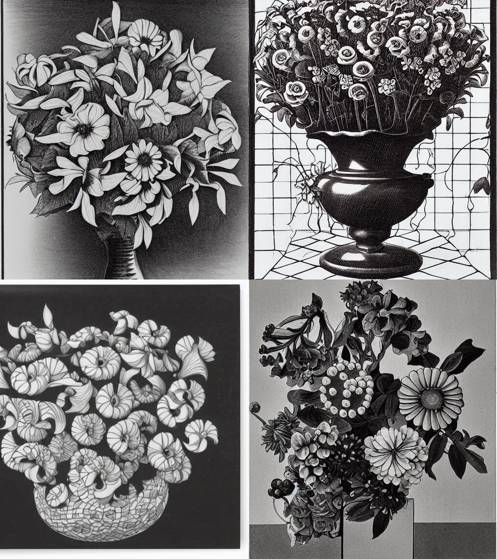 Prompt: bouquet by m. c escher