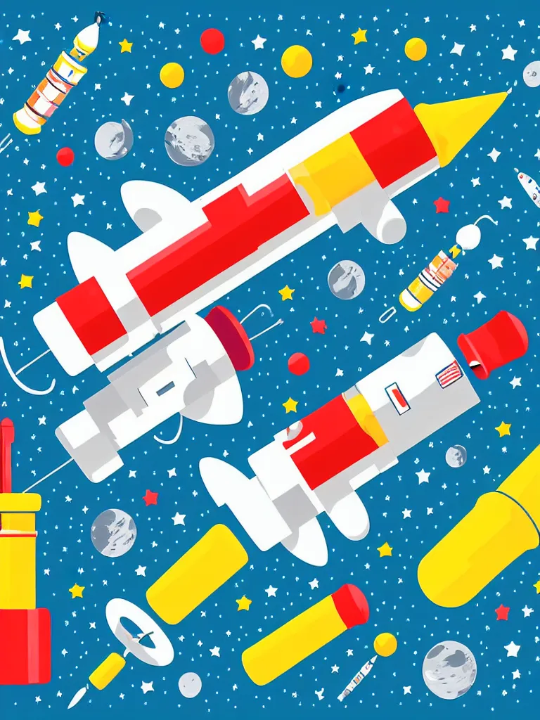 Image similar to editorial illustration scientific lab test tube telescope microscope astronaut spaceship, colorful modern, mads berg