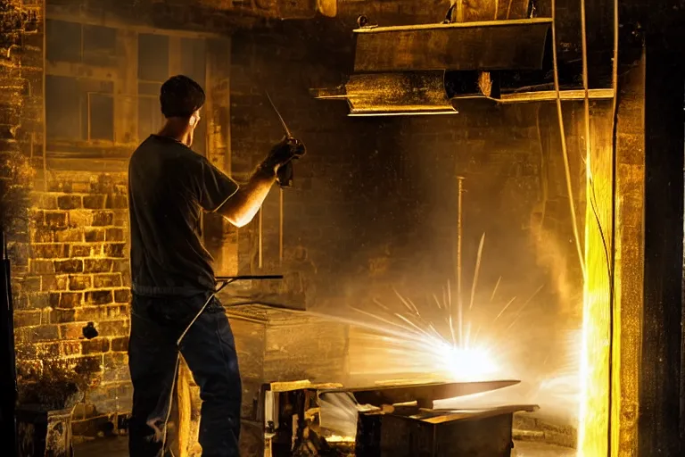 Prompt: blacksmith working, yellow sparks, rays of light trough a window, atmospheric, dramatic lighting, beautiful