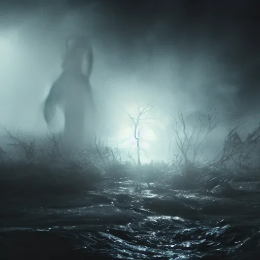 Image similar to low - resolution filmstill of a kaiju monster, fog, thriller, underdeveloped, flare, epic, dramatic