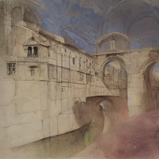 Image similar to the bridge of sighs in the style of vrubel, watercolor, pastel colors, chiaroscuro, bleached colors