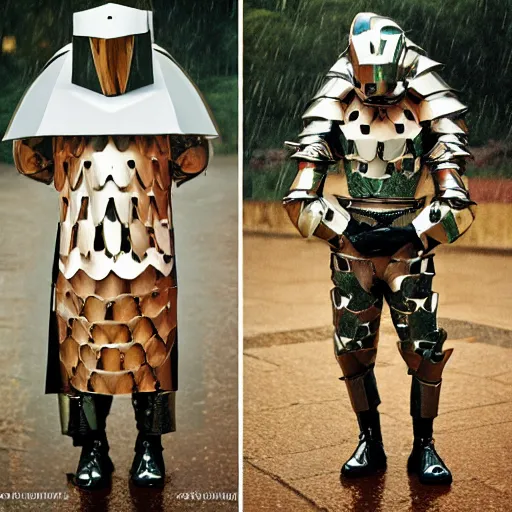 Image similar to a paladin wearing issey miyake armor in the rain, portrait, fashion photography, by martin parr