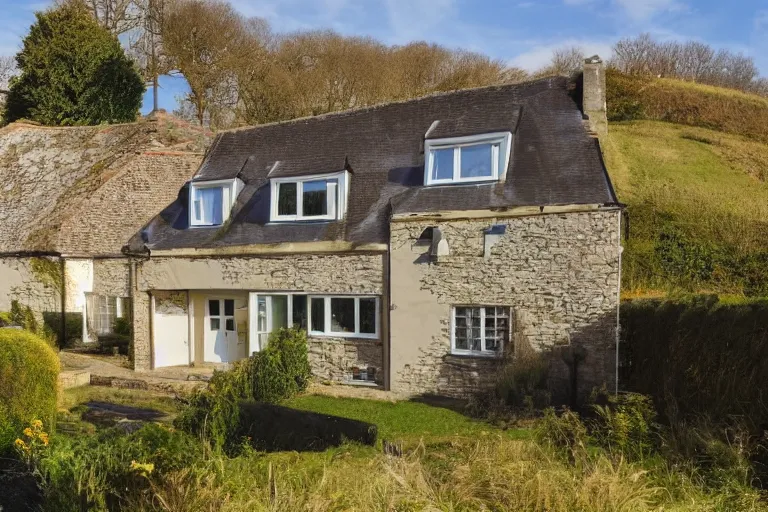 Prompt: an estate agent listing external photo of a 5 bedroom detached house made of gold in the countryside, sunny day, clear skies, by Paul Lehr