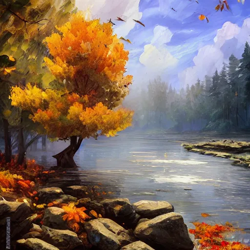 Prompt: a highly detailed matte oil painting by ( ( ( afremov ) ) ) and greg rutkowski of a very tall tree with lots of golden leaves growing on a pile of rocks in the middle of a river.