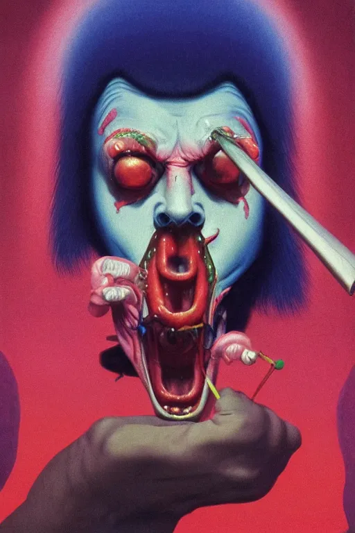 Prompt: a colorful vibrant closeup portrait of a vampire licking a tab of lsd acid on his tongue and dreaming psychedelic hallucinations, by kawase hasui, moebius, edward hopper and james gilleard, zdzislaw beksinski, steven outram colorful flat surreal design, hd, 8 k, artstation