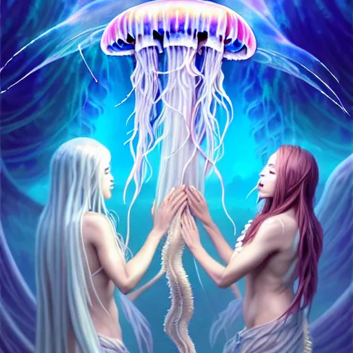 Prompt: A painting of priestesses worshipping at the jellyfish temple, shrouded in mist, jellyfish god, jellyfish priestess, jellyfish shrine maiden, 8K, illustration, art by Artgerm and Justin Cheung and Gabriele Dell'Otto, smoke, undersea temple with fish, cinematic, insanely detailed and intricate, hypermaximalist, elegant, super detailed, award-winning, mauve and cinnabar and cyan, rainbow accents, mysterious, ancient, ritual, trending in cgsociety, artstation HQ, ornate, elite, haunting, matte painting, beautiful detailed, insanely intricate details, dreamy and ethereal, otherworldly