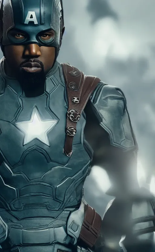 Image similar to Portrait of Kanye West as Captain America in Skyrim, splash art, movie still, cinematic lighting, dramatic, octane render, long lens, shallow depth of field, bokeh, anamorphic lens flare, 8k, hyper detailed, 35mm film grain