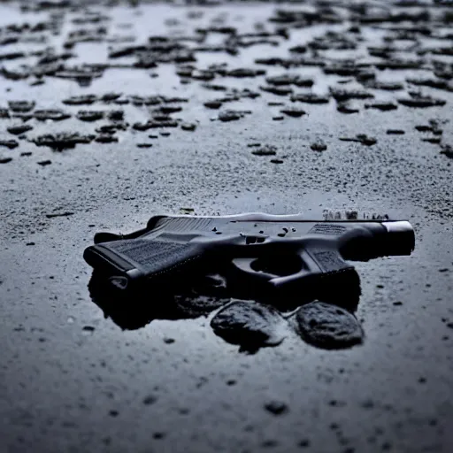 Prompt: low angle shot, glock 1 7 lying in a puddle in front of the new york skyline, reflections, award winning photo, atmospheric, desolate