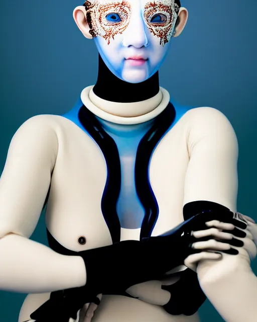 Prompt: symmetrical portrait of a woman wearing a embroidered translucent silicone beauty mask and deep blue hair buns, wearing a black bodysuit by alexander mcqueen, cream white background, soft diffused light, biotechnology, humanoide robot, bjork aesthetic, translucent, by rineke dijkstra, intricate details, highly detailed, masterpiece,