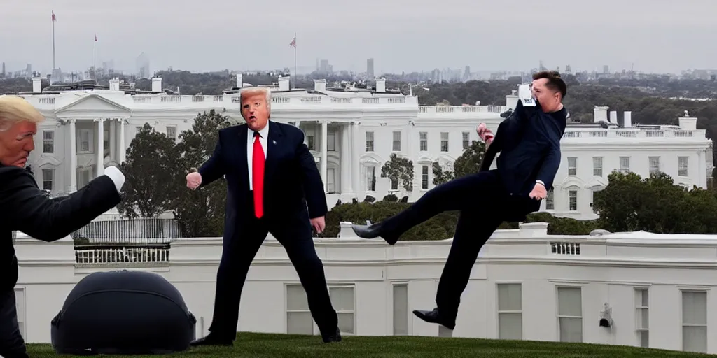 Image similar to a professional cinematic photo of 1 donald trump fighting 1 elon musk on top of white house. extremely high fidelity. key light.