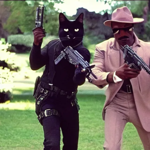 Image similar to a still of the cats gunfighting from the buddy cop movie beverly hills cat 2, with eddie murphy