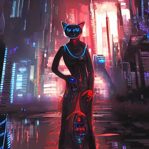 Image similar to digital art of a cyberpunk humanoid cat