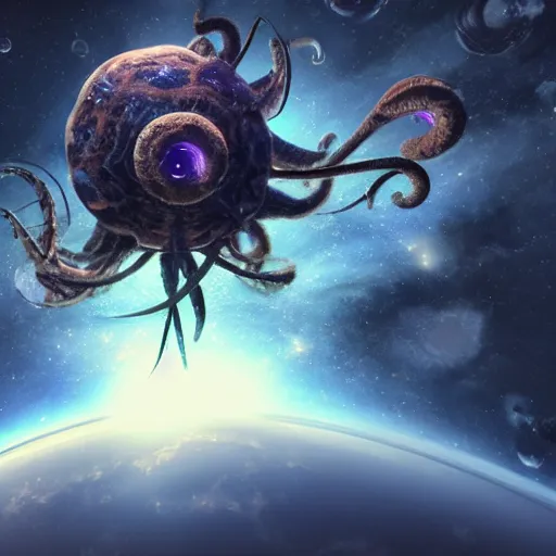 Image similar to a giant cosmic space kraken attacking an orbital space station, hype realistic, volumetric lighting, cosmic horror, Art station, Octane render, Unreal Engine 3D