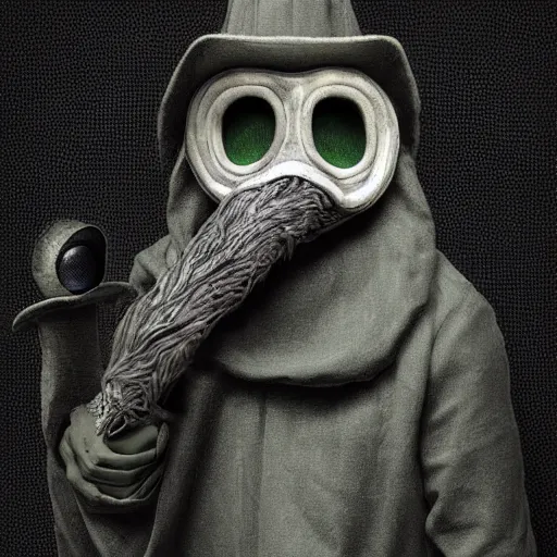 Image similar to plague doctor in his larval form. extremely lush lifelike detail. award - winning digital art by ansel adams, alan lowmax, steichen. surreal scientific photoillustration, artstation, shutterstock polycount contest winner, biomorphic. child larva plague doctor