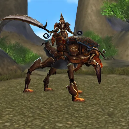 Prompt: warrior riding hercules beetle mount, facing camera, world of warcraft mount, psx graphics, fantasy mmorpg screenshot