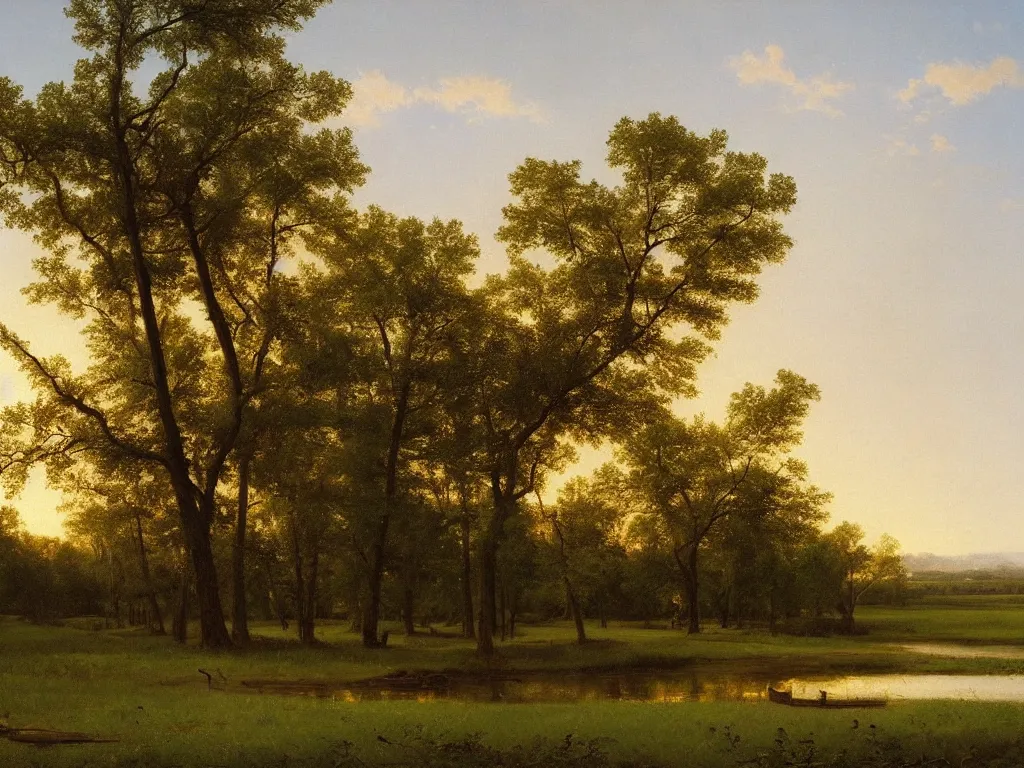 Image similar to a beautiful mississippi landscape, springtime morning, by george caleb bingham \, oil on canvas, luminism, hyperrealism