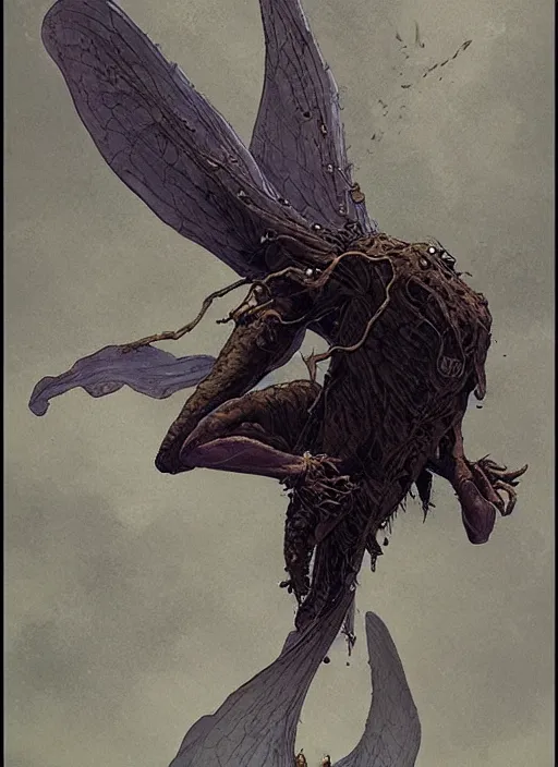 Image similar to fly - man hybrid with proboscis and translucid wings, against dark background, fluid, smooth, organic, crazy, high contrast, sharpness, dramatic, by greg rutkowski and siudmak and richard corben and moebius