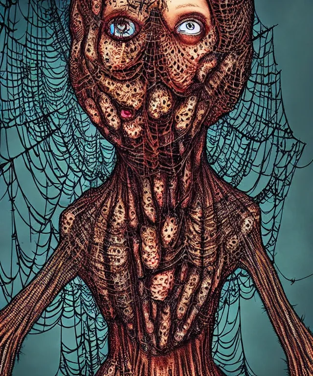 Prompt: a woman standing all covered in spiders. incredible number of spiders. extremely high details, many spider eyes, realistic, horror, creepy, web, masterpiece, colorful art