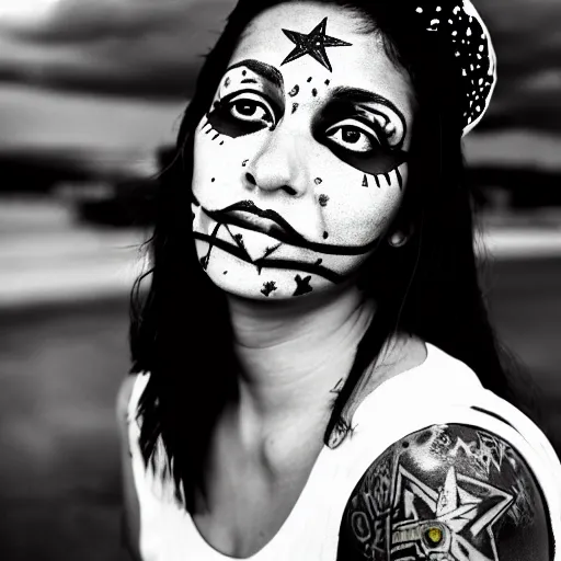 Image similar to beautiful young latino woman with gutterpunk pen ink face tattoos at golden hour, black & white, stars in background, cinematic diane arbus, leica s, 5 0 mm, fuji 8 0 0, grainy, low light