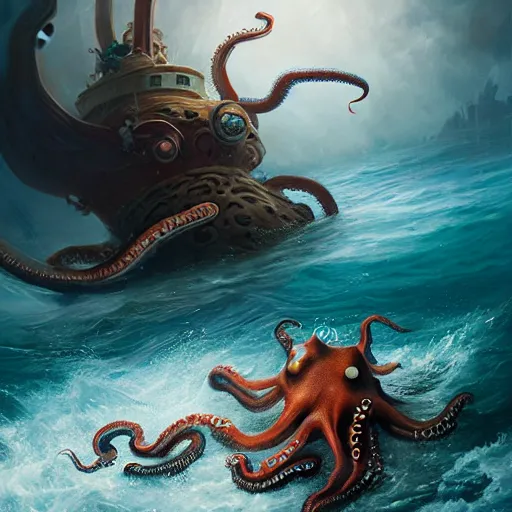 Image similar to a dream fantasy painting of a octopus and a man fight for their life, in the deep of the ocean, by beksinki, antonio j. manzanedo greg rutkowski, carne griffith trending on artstation, deviantart, photorealism