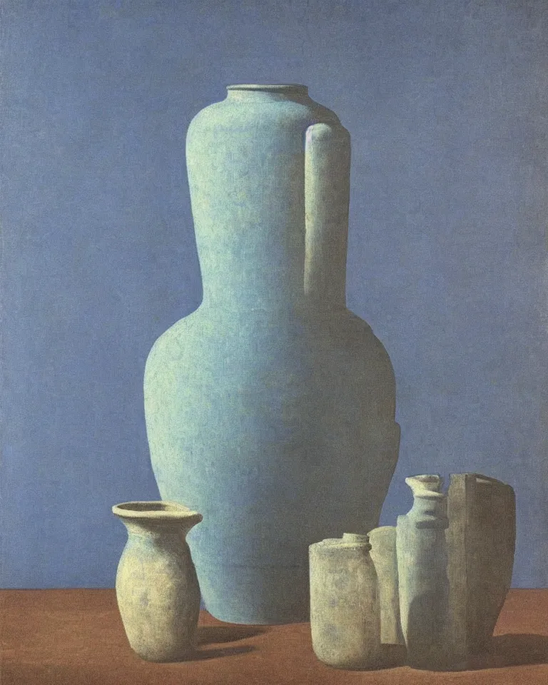 Image similar to achingly beautiful print of one painted ancient greek vase on baby blue background by rene magritte, monet, and turner. symmetrical.