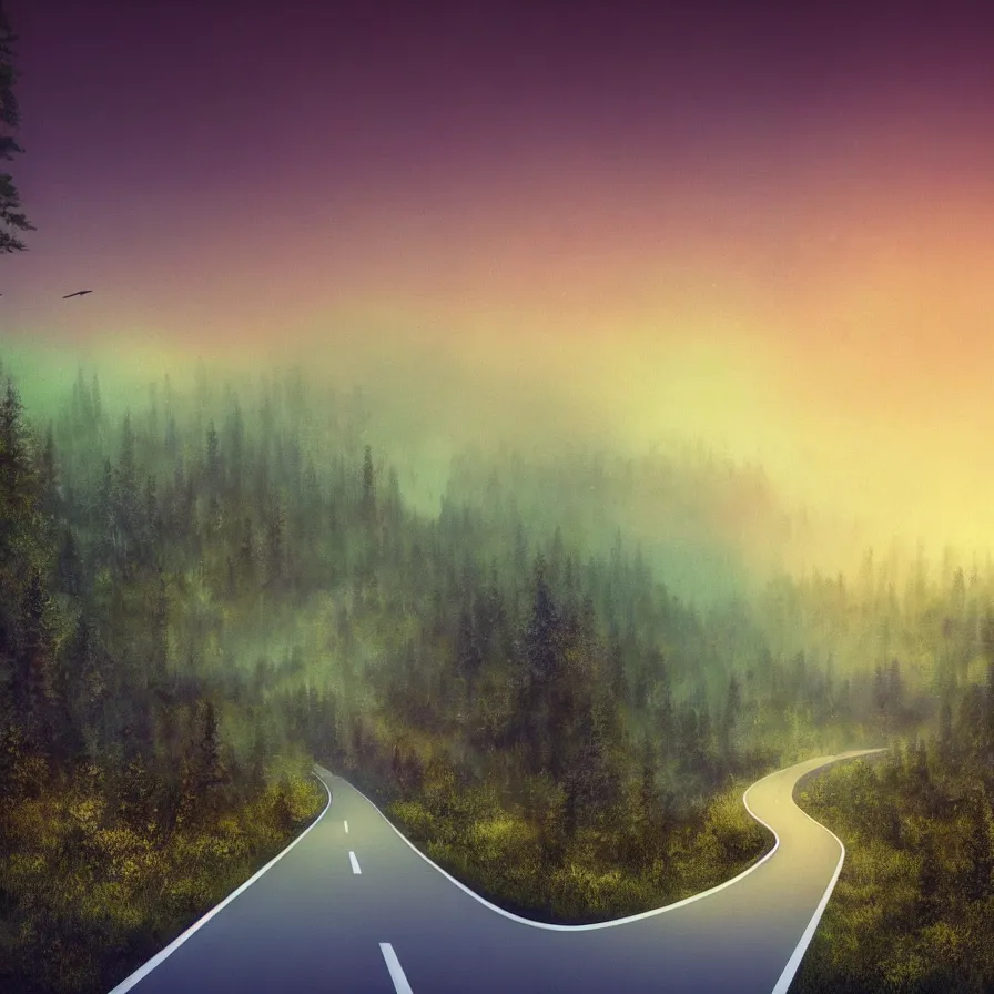 Image similar to surrealist semiabstract artwork of a highway road leading to the horizon through a thick forest down a rocky mountain coast towards the sunset. atmospheric landscape, soft tones, psychedelic, ultra realistic, concept art, modern art, photorealistic, octane render, 8 k. art by nori inoguchi and sam kaplan and zachary goulko and christopher marley