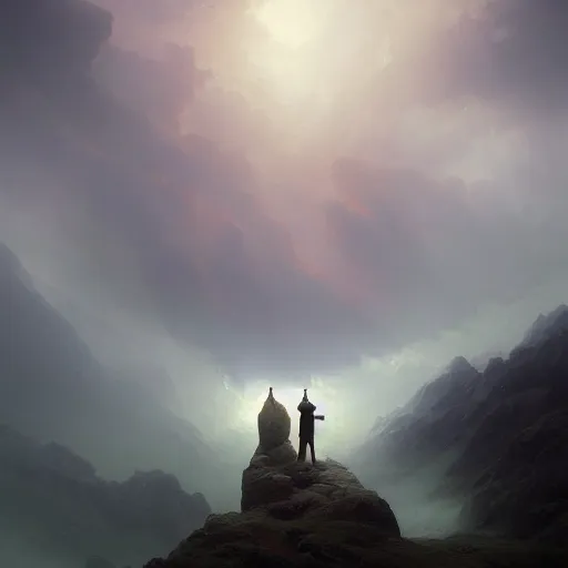 Image similar to epic portrait an hooded mage walking on cloudy hills, ripped cape, blurred backround, broad light, ambient occlusion, volumetric light effect, made by ivan aivazovsky, peter mohrbacher, greg rutkowski, matte painting, trending on artstation, 4 k, perfectly defined features, digital painting,