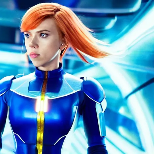 Image similar to scarlett johansson as zero suit samus, 4 k photorealistic, film still, sci - fi blue atmosphere, shiny lens flare cinematic lighting,