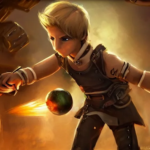 Prompt: A blonde boy wearing steampunk wristband that launches out a grapple using steam canisters, epic fantasy art style HD