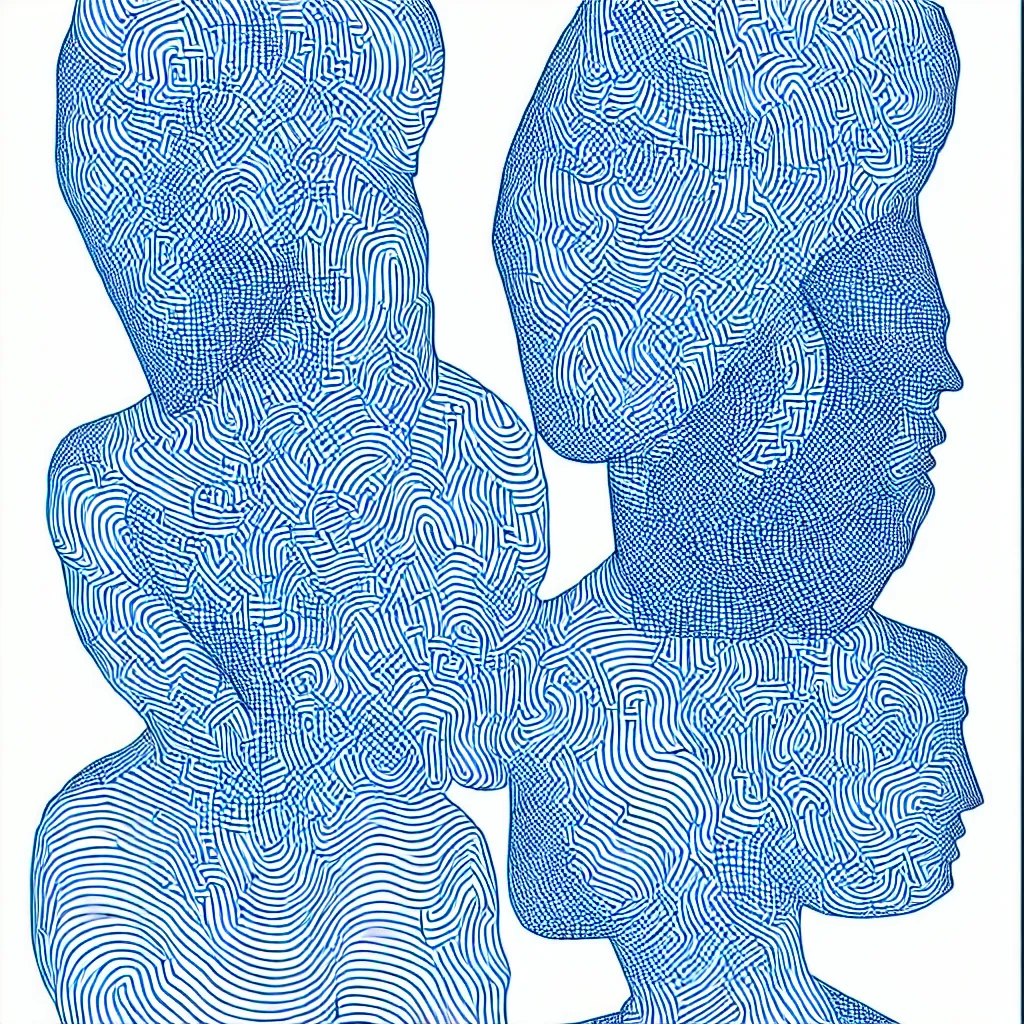 Image similar to a formal self portrait by the artist kelbv, in distinct hyper precise fineliner style with cuboids neatly curving above his head, and exploded body filled with light blue and white spheroids, perfect bright studio lighting.