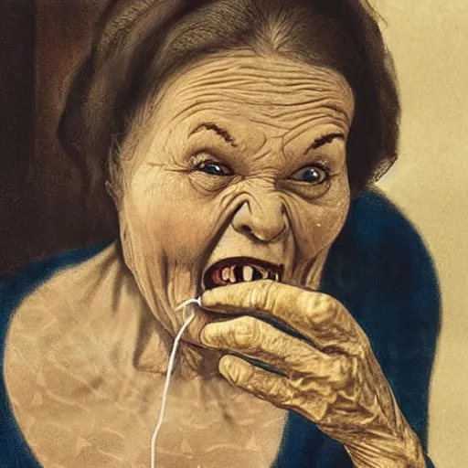 Prompt: an old woman swallowing a spider