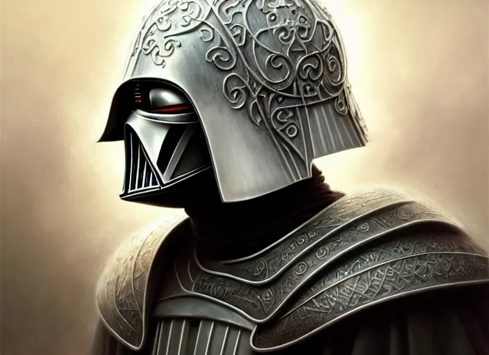 Prompt: portrait shot of a white darth vader in in medieval knights armor, intricate, elegant, highly detailed, centered, digital painting, artstation, concept art, smooth, sharp focus, illustration, artgerm, tomasz alen kopera, peter mohrbacher, donato giancola, joseph christian leyendecker, wlop, boris vallejo