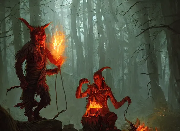 Prompt: goblin pyromancer shaman in a forest, very detailed digital painting of a goblin fire shaman, by greg rutkowski and alexandre chaudret