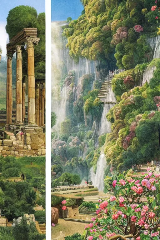 Image similar to hanging gardens of babylon, temple of artemis at ephesus, waterfalls, blooming hills with spring flowers and pillars by helen lundeberg