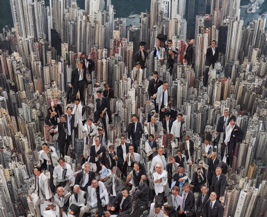 Prompt: business men group by jimmy nelson. on a roof in center hong kong