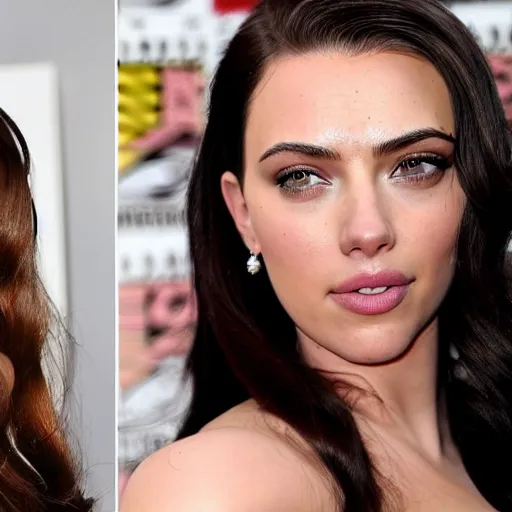 Image similar to a woman who is a genetic combination of kim kardashian and kat dennings and scarlett johansson and margot robbie and emma watson, face and upper - body focus, detailed eyes