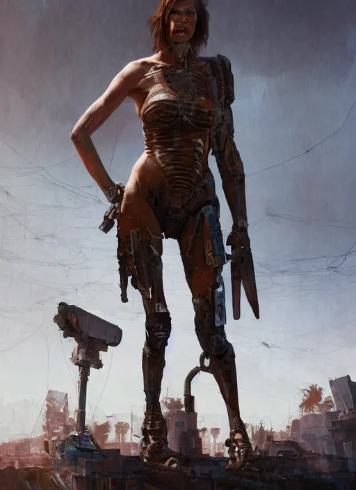 Image similar to hyper realistic photo of prehistoric cyberpunk milla jovovich, full body, rule of thirds, conceptart, saturated colors, cinematic, greg rutkowski, brom, james gurney, mignola, craig mullins, artstation, cgsociety