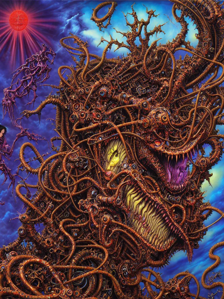 Prompt: realistic detailed image of Wrathful Technological Nightmare Abomination Monster God by Lisa Frank, Ayami Kojima, Amano, Karol Bak, Greg Hildebrandt, and Mark Brooks, Neo-Gothic, gothic, rich deep colors. Beksinski painting, part by Adrian Ghenie and Gerhard Richter. art by Takato Yamamoto. HDR 8K Vray masterpiece