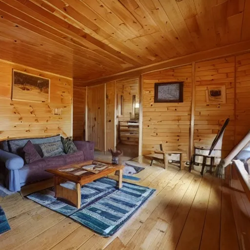 Prompt: photo of the interior of a cozy cabin with french and english and japanese influence and forest theme