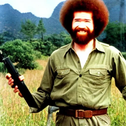 Prompt: bob ross holding a china - lake grenade launcher in the vietnam war